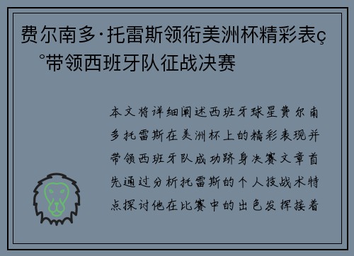 费尔南多·托雷斯领衔美洲杯精彩表现带领西班牙队征战决赛