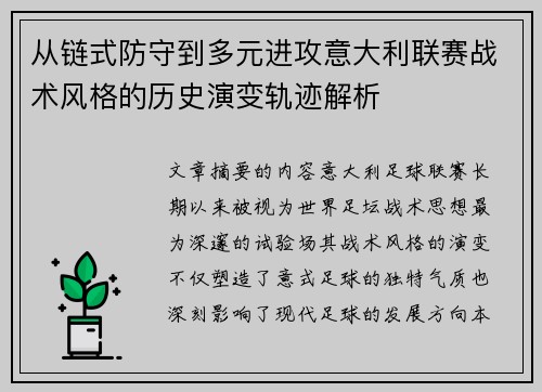从链式防守到多元进攻意大利联赛战术风格的历史演变轨迹解析